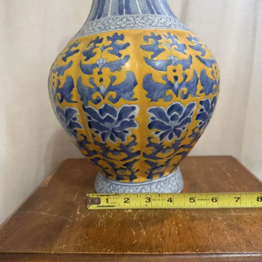 14” Qianlong Style Blue White Yellow Glaze Porcelain Flower‎ Zun Bottle Vase VTG